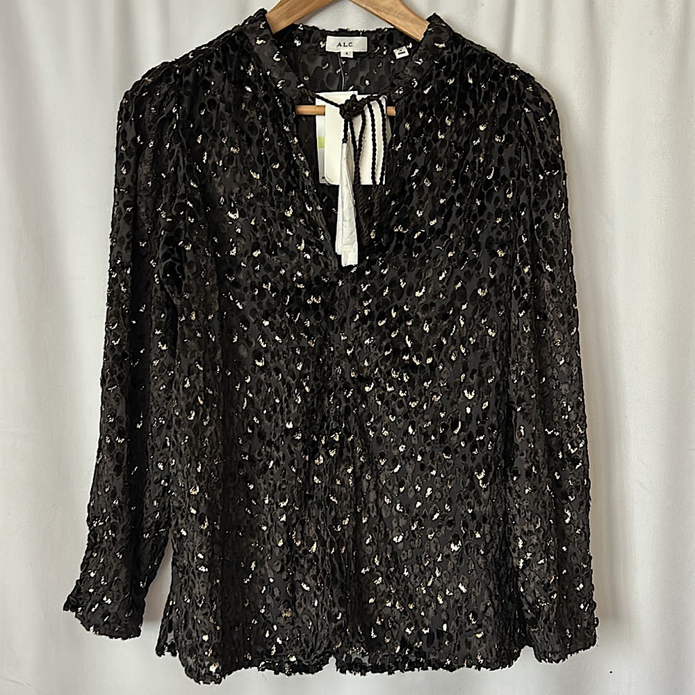 A.L.C. NWT Black/Gold Cheetah Print Long Sleeve Tie Blouse Shirt Top **Sz 4** - Picture 1 of 6
